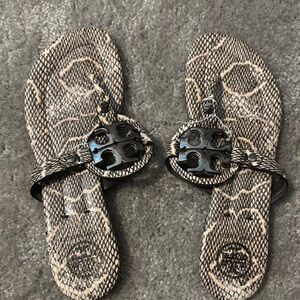 Tory Burch Black and Tan Snake Print Sandals